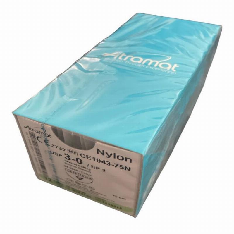 Нейлон (поліамід) CE1943-75N чорний монофіламент, що не розсмоктується USP 3-0 (EP2) зі зворотн.-ріж. голкою 19мм, 3/8кола, довж. нитки 75см